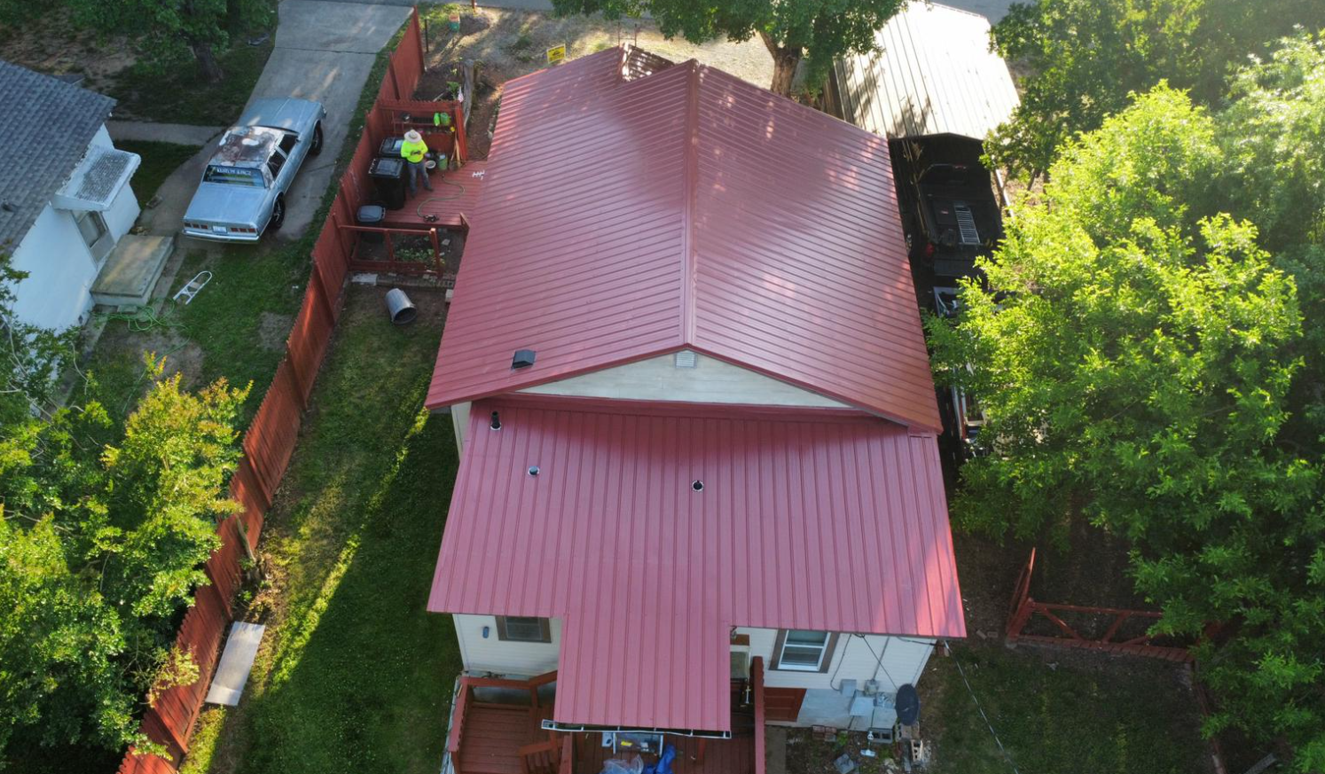 Aerial shot of a red metal roof